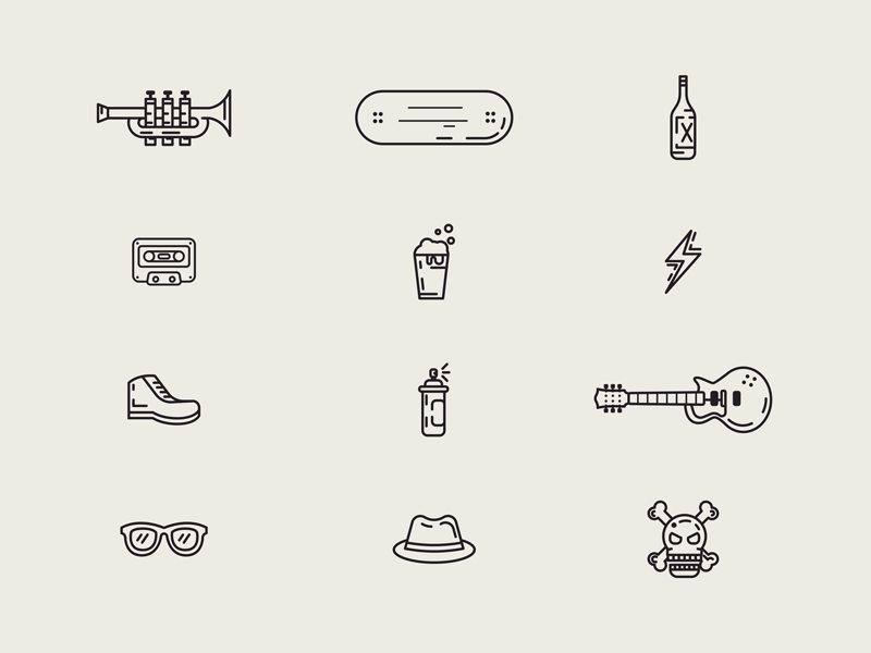 Music Icons (SKA) beer flat guitar icons illustration line music shoe skate skull spray trumpet
