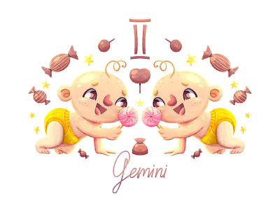 Gemini- sweet baby zodiac art baby children illustration gemini horoscope illustration illustrator kid art kid illustration procreate raster illustration zodiac