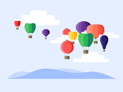 Flying veggies balloons bright food fun illustration