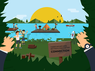 Camp on a lake illustration caming character explore illustration kano lake nature raft sun team