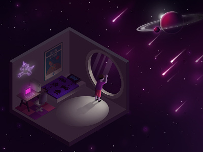 Out of place, out of time boy dark illustration isometric meteor neon planet room sky space stars