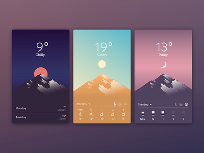 Lonely Mountain Weather Concept app clouds concept flat illustration minimal mountain rain ui ux weather