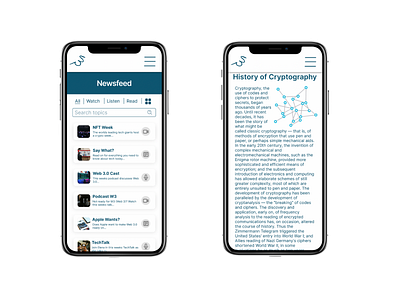 Web 3.0 Journey App - Newsfeed + History of Cryptography Mockups