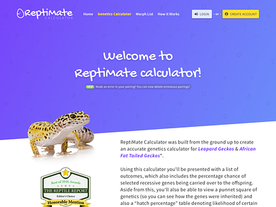 Reptimate Genetics Calculator v2 angle angled bootstrap 4 calculator design genetics photography purple reptile sketch sketch app ui ux website yellow