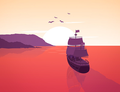 Beginning Of A Beautiful Journey design illustration landscape landscape illustration minimalistic ocean pirate pirate ship poster ship vector vector art water