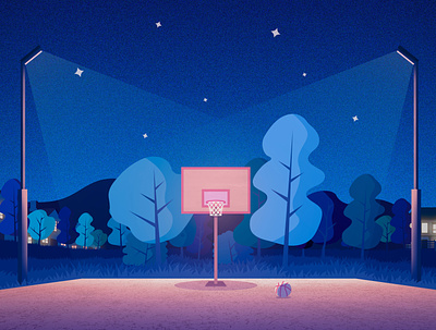 Hangout Spot basketball basketball court cozy design evening illustration landscape landscape illustration minimalist minimalistic night poster summer vector art