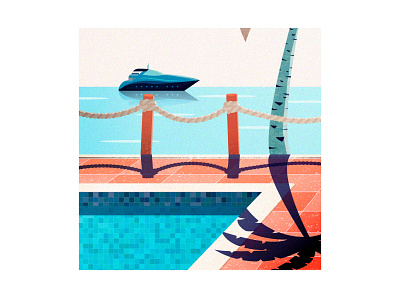 Poolside boat cozy design flatdesign illustration landscape landscape illustration minimalist minimalistic ocean oldschool palm tree pool pool party poster retro vector art