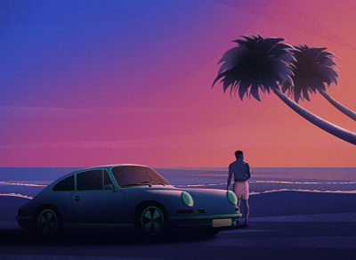 Sunrise beach design illustration landscape minimalist minimalistic palm trees porsche poster sunrise sunset vector art