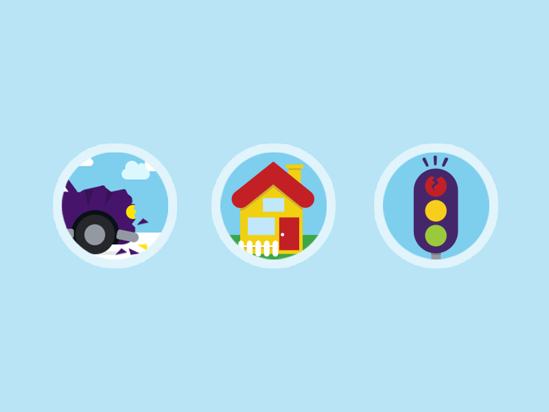 Flat icon Illustrations flat car house traffic light accident broken