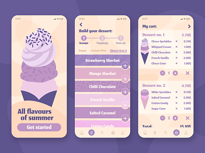 Ice Cream App Concept app application branding cafe coffee dessert food delivery graphic design ice cream illustration mobile pastel purple small business soft summer sweet ui ux vector