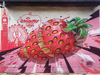 Pink Your Gin advertising arsek erase art bashmotion commission fruits graffiti illustration london mural pink logo pink your gin proof strawberry travel video clip vitamin bomb