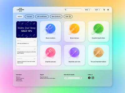 Glassmorphic design for online shop of tools for handmade