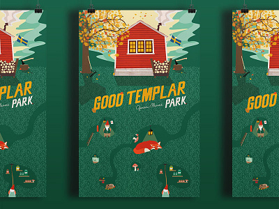 Illustration: Good Templar Park animals cabin cottage fall forest gnomes illinois illustration park poster swedish wood