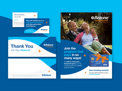 Beltone - Ambassador Rewards Program Materials beltone benefits hearing aids hearing care member program print program rewards rewards card thank you card