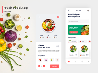 Fresh Food App apps branding design figma food foodapp illustration mobile mobile app responsive ui uiux xd