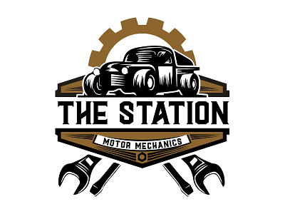The Station Motor Mechanic Vintage Logo Design bike mechanic logo branding car logo car mechanic logo icon mascot logo mechanic vintage logo
