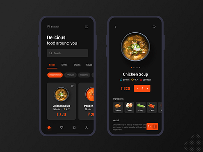 Food Application Dark UI dark dark ui design designer food food app foodie kerala minimal mobile ui ui visual design