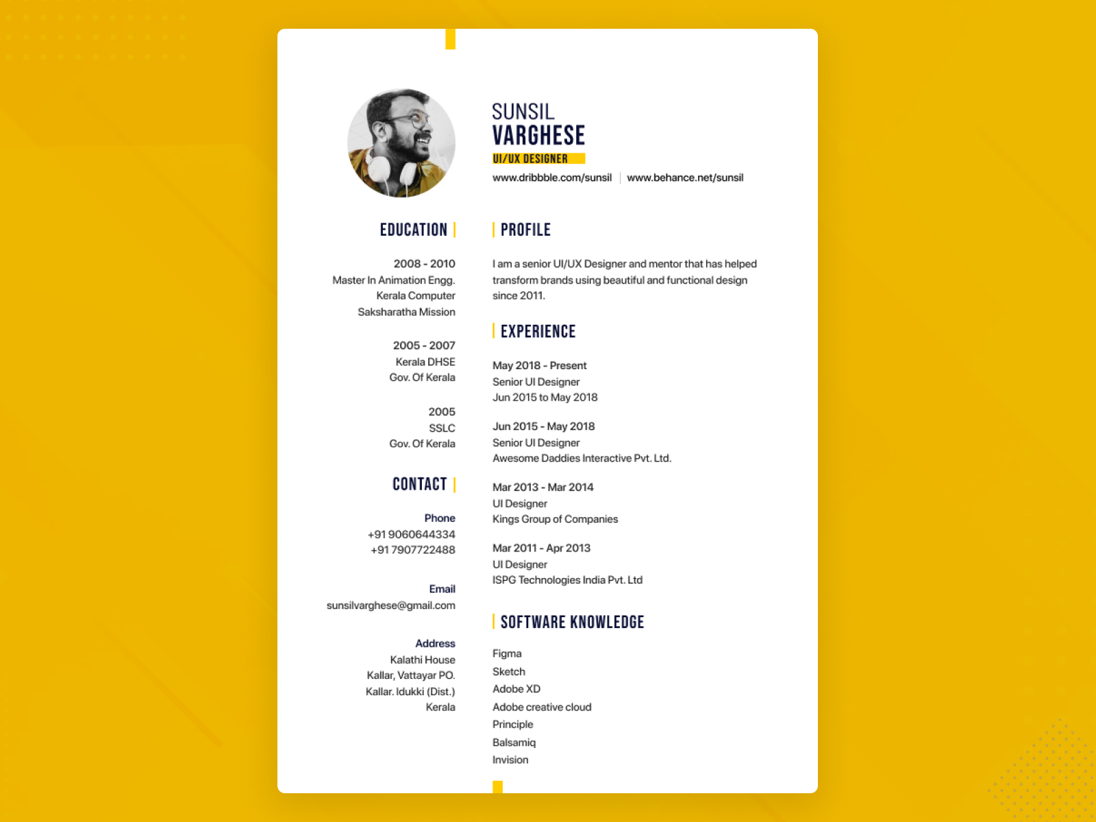 Resume Example by Sunsil Varghese on Dribbble