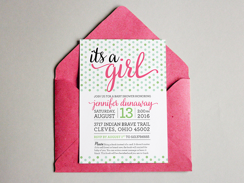 Baby Shower Invite non-traditional girl green pink invitations