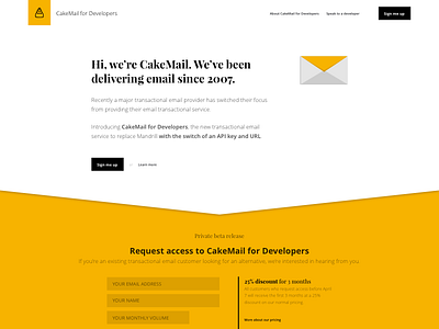 CakeMail for Developers beta email landing page