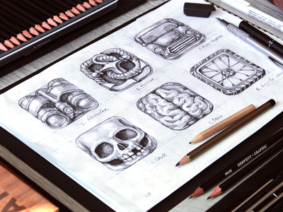 App Icon Sketches anchor bicycle binoculars brain car game hipster ios mini pirate skull wheel