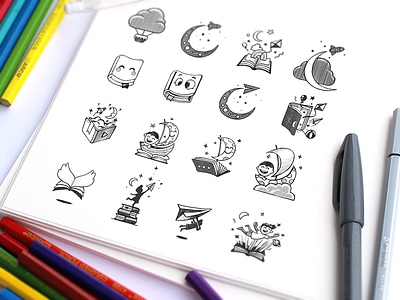 Interactive Stories For Kids Logo branding cloud dream identity interactive books kids mark moon sign sketches stories tales