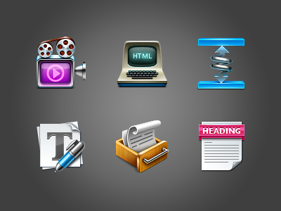Cogsy icons set archives arrow blog camcorder camera cogsy display film glyphs heading html icon icons keyboard loggia metal paper pen screen spacer spring text ui video wood