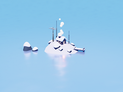 Ham radio house on a frozen lake 3d blender cycles design illustration