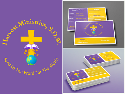 Harvest Ministries, S.O.W. business cards church cross logo postcards purple