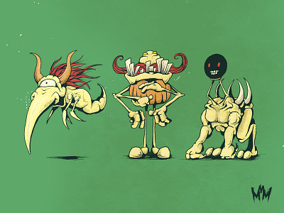 Irving, Ned, and Arnold cartoon creature design drawing illustration monday mosh monsters