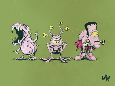 Hiram, Dean, and Victor cartoon character concept creature dinosaur drawing frankenstein horror illustration monster