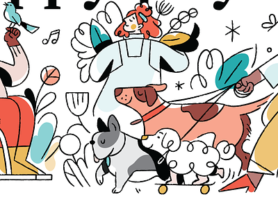 Happy Payday email header for February celebration character characterdesign dogs email flowers gusto illo illustration people representation texture