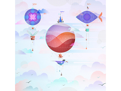 Do good, feel good. airship details dreamy ethereal fish float grain hot air balloon illo illustration sky texture