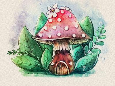 Mushroom card flower forest garden house illustration leaf mushroom nature watercolor wreath