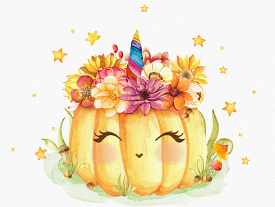 pumpkin autumn card card design concept cute fantasy flower girly mushroom october pumpkin stars unicorn watercolor yellow