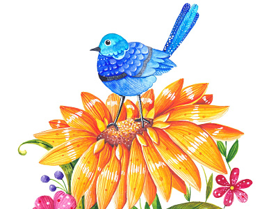 Summer flower with a blue bird