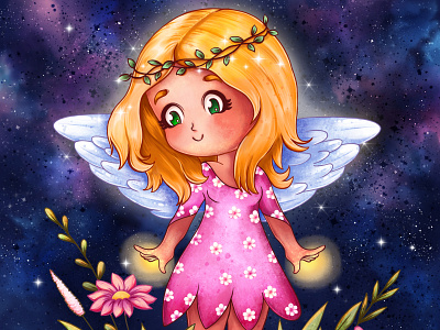 Cute angel angel background cartoon character children childrens book digital painting divine galaxy girl illustration kawaii positivity sky spring
