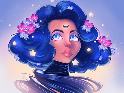 Witch abstract beautiful blue character concept art creative design digital art fantasy female flower girl human illustration kawaii lovely witch
