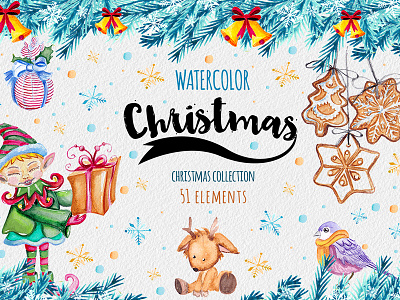 Christmas and Winter elements 2017 bird christmas clip art december elements holiday painted snowflake star watercolor winter