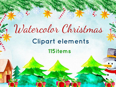 Watercolor Christmas Pack with 115 Elements bundle christmas cone december elements fir holiday merry christmas pine snowman typo winter