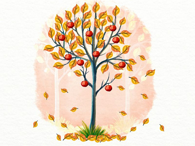 Watercolor fall background apple autumn forest fruits leaves nature tree watercolor