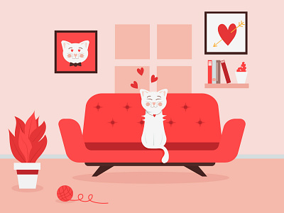 Сute cat dreaming of her lover adobeillustrator art cat composition design flat style graphic design heart illustration interior love valentines day vector