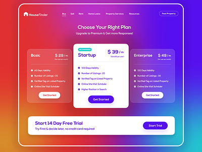 Pricing Page - Pricing & Free Trial Overview blurr buttons cards colorfull cta free trial glass gradient plans premium price pricing pricing page pricing plan property subscription upgrage web design