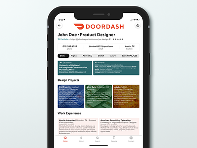 Food Delivery (DoorDash) Themed Resume app design doordash figma food delivery graphic design mobile mockup resume resume template ui ux