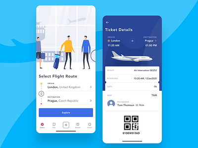 Flight App app app design blue flight flight app plane scan screen tab bar ticket travel app ui uiux ux design vector