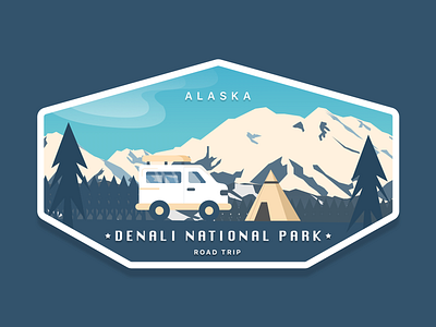 Mt Denali Road Trip alaska badge branding denali design illustration mountain mountain logo road trip tent travel van vector