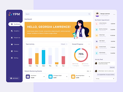 Patient Management Dashboard appointment booking chat colors dashboard dashboard ui design flat graph icon illustrator minimal monitoring dashboard patient app patients progress typography ui ux vector