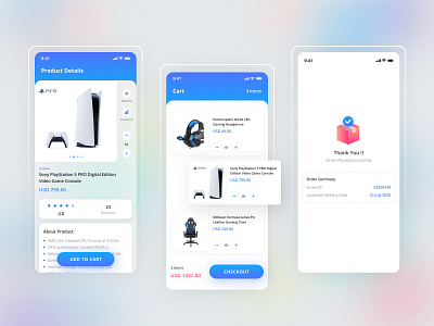 PlayStation5 - Gaming Products E-Commerce App app design blur branding cart design ecommerce app game gaming app gradient icon minimal playstation product app ps shopping app sony thankyou typography ui ux