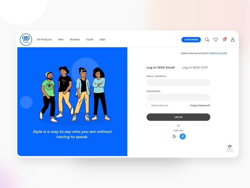 Log In Module - 999Tee art blue character create account design ecommerce fashion flat login sign in signup ui ux web web design website yudiz