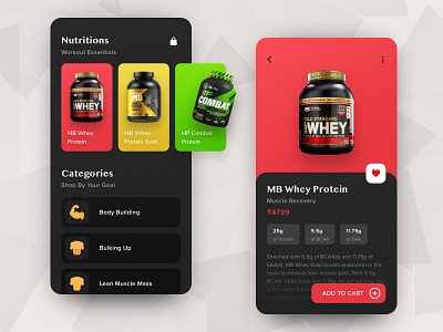 Nutritions Shop App app card cart category colors concept dark design fitness fitness app gradient gym gym app health product product page shop ui workout yudiz